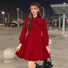 Long-sleeve Knot Button A-line Dress Wine Red - One Size