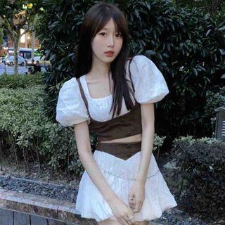 Mock Two-piece Puff-sleeve Plaid Blouse / Plaid Panel A-line Skirt
