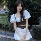 Mock Two-piece Puff-sleeve Plaid Blouse / Plaid Panel A-line Skirt