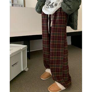 Plaid Wide Leg Pants Plaid - Dark Red - One Size