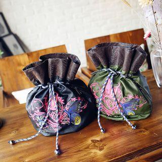 Embroidered Drawstring Faux-leather Backpack