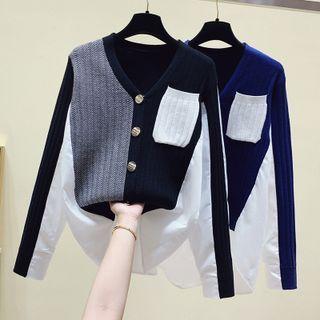 V-neck Shirt Panel Mock Two Piece Cardigan