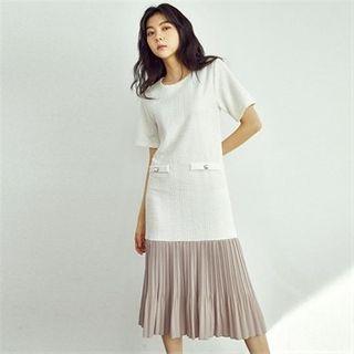 Pleated-hem Two-tone Dress Ivory - One Size