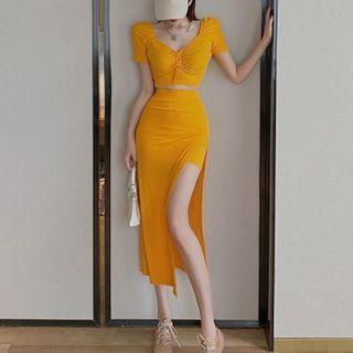 Short-sleeve Drawstring Cropped Top / High-waist Side-slit Midi Skirt