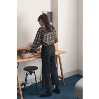Square-neck Frilled Plaid Blouse Brown - One Size