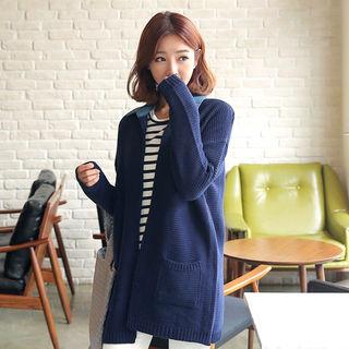 Denim-collar Open-front Cardigan