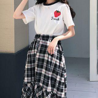 Short-sleeve Strawberry Print T-shirt / Plaid A-line Midi Skirt