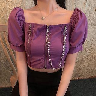 Puff-sleeve Chain Zip Cropped Blouse
