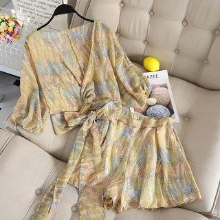 Set Of 2 : Print Short-sleeve Chiffon Top + High-waist Wide-leg Shorts
