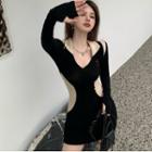 Long-sleeve Two-tone Mini Bodycon Dress Black & Beige - One Size