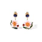 Fashion And Elegant Plated Gold Enamel Flower Earrings With Blue Cubic Zirconia Golden - One Size