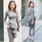 Set: Ruffle Trim Knit Pullover + Cropped Pants