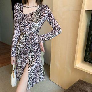 Long-sleeve Leopard Print Slit A-line Dress