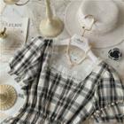 Faux Pearl Square-neck Plaid Short-sleeve Cropped Blouse