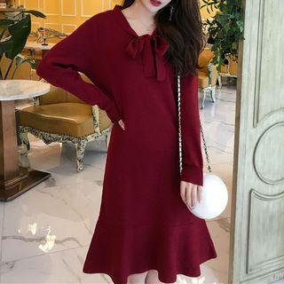 Bow Accent Long-sleeve A-line Dress Red - One Size