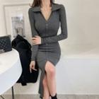 Open-placket Button-up Long Bodycon Dress