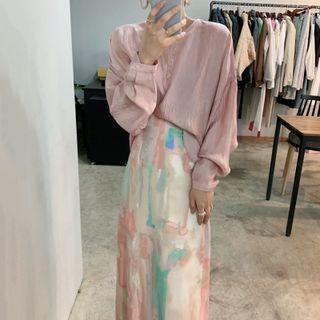 Long-sleeve Plain Blouse / Print Midi A-line Skirt
