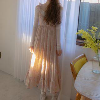 Off-shoulder Long-sleeve T-shirt / Floral Sleeveless Midi A-line Dress