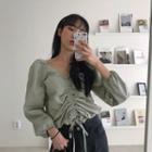 Drawstring V-neck Puff-sleeve Blouse Green - One Size