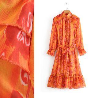 Mock Turtleneck Printed Long-sleeve Chiffon Midi A-line Dress