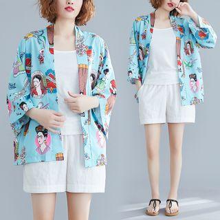 Printed 3/4-sleeve Light Jacket Blue - One Size