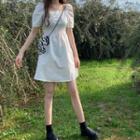 Square-neck Puff-sleeve Mini A-line Dress White - One Size