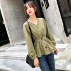 Long-sleeve Flared V-neck Blouse
