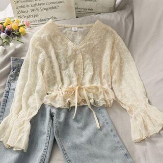 Tie-waist Long-sleeve Cropped Lace Top