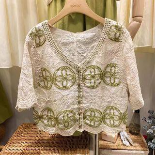 V-neck Crochet Cutout Short-sleeve Top