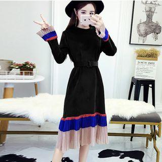 Striped Pleated Hem Long Sleeve Velvet Midi Dress