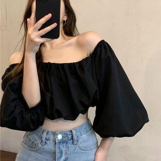 Puff-sleeve Cropped Blouse / Denim Skirt