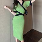 Short-sleeve Two-tone Knit Sheath Dress