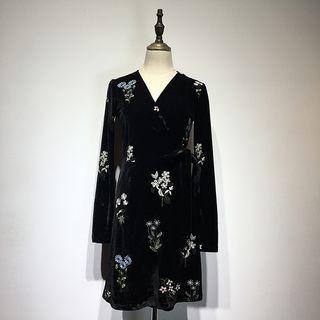 Flower Embroidered A-line Mini Velvet Dress