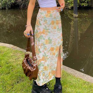 Flower Print Side-slit Midi Pencil Skirt