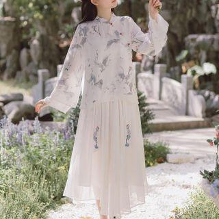 Set: Long-sleeve Crane Print Cheongsam Top + Midi A-line Skirt