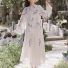 Set: Long-sleeve Crane Print Cheongsam Top + Midi A-line Skirt
