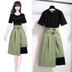 Set: Short-sleeve T-shirt + Asymmetrical Midi A-line Skirt T-shirt - Black - One Size / Skirt - Green - One Size