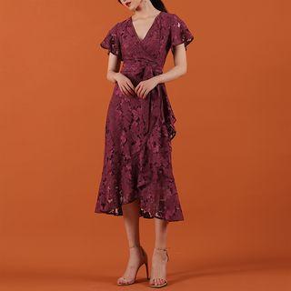 Cap-sleeve Midi A-line Lace Wrap Dress