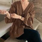 Plaid V-neck Long-sleeve Blouse Coffee - One Size