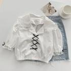 Short-sleeve Lace Trim Bow Detail Blouse White - One Size
