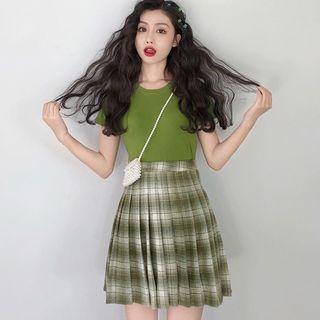 Set: Short-sleeve Plain T-shirt + High-waist Plaid Mini Skirt