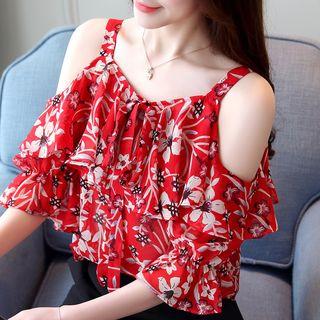 Cold Shoulder Elbow-sleeve Floral Blouse