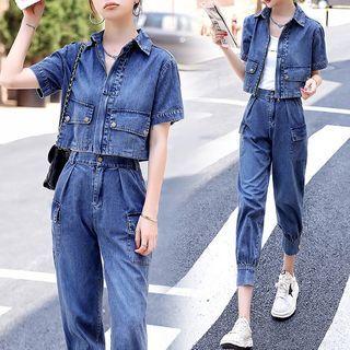 Set: Short-sleeve Denim Cropped Jacket + Joggers