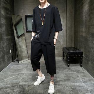 Set: Elbow-sleeve Printed T-shirt + Capri Straight-cut Pants