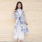 3/4-sleeve Floral Light Jacket + Sleeveless Midi Dress