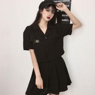 Set: Short-sleeve Crop Shirt + Pleated Mini A-line Skirt