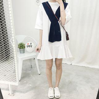 Elbow-sleeve Ruffle A-line Dress