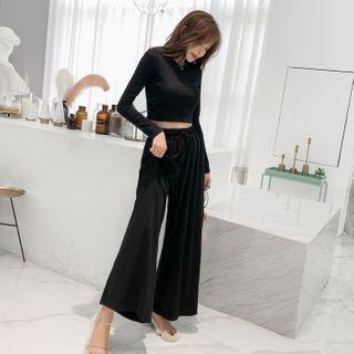 Long Sleeve Plain Cropped T-shirt / Wide-leg Pants