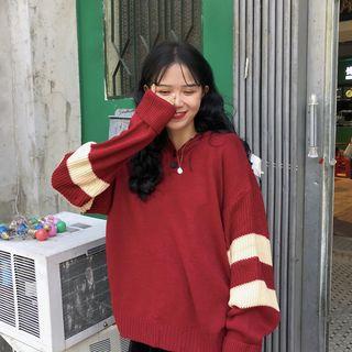 Color Block Buttoned Placket Knit Hoodie
