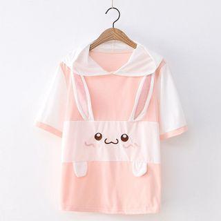 Short-sleeve Hooded Rabbit Embroidered T-shirt Pink & White - One Size